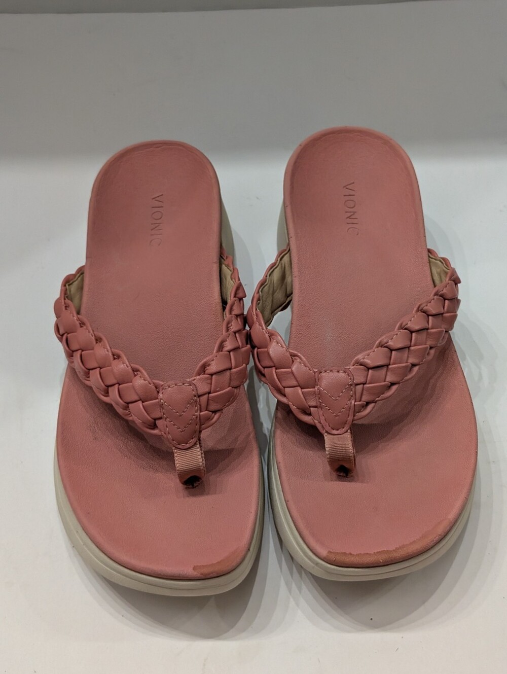 Vionic Women's 9 Kenji Wedge Braided Pink Sandals Arch Support Flip Flop Leather